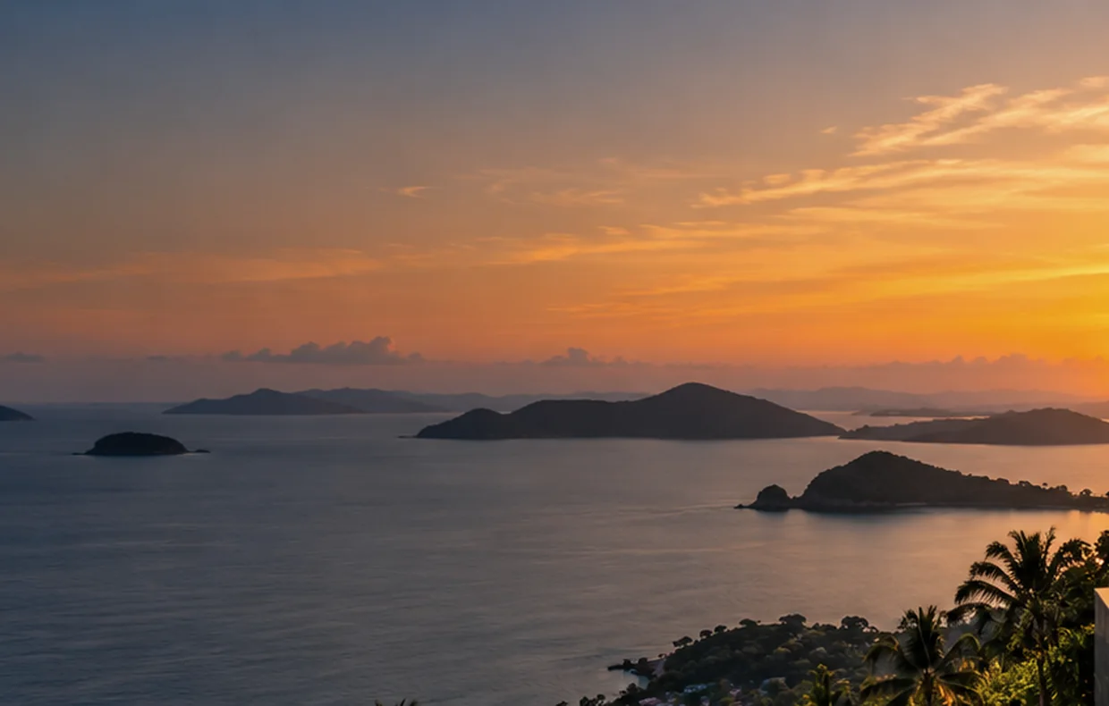 Scenic tropical hillside villa at sunset