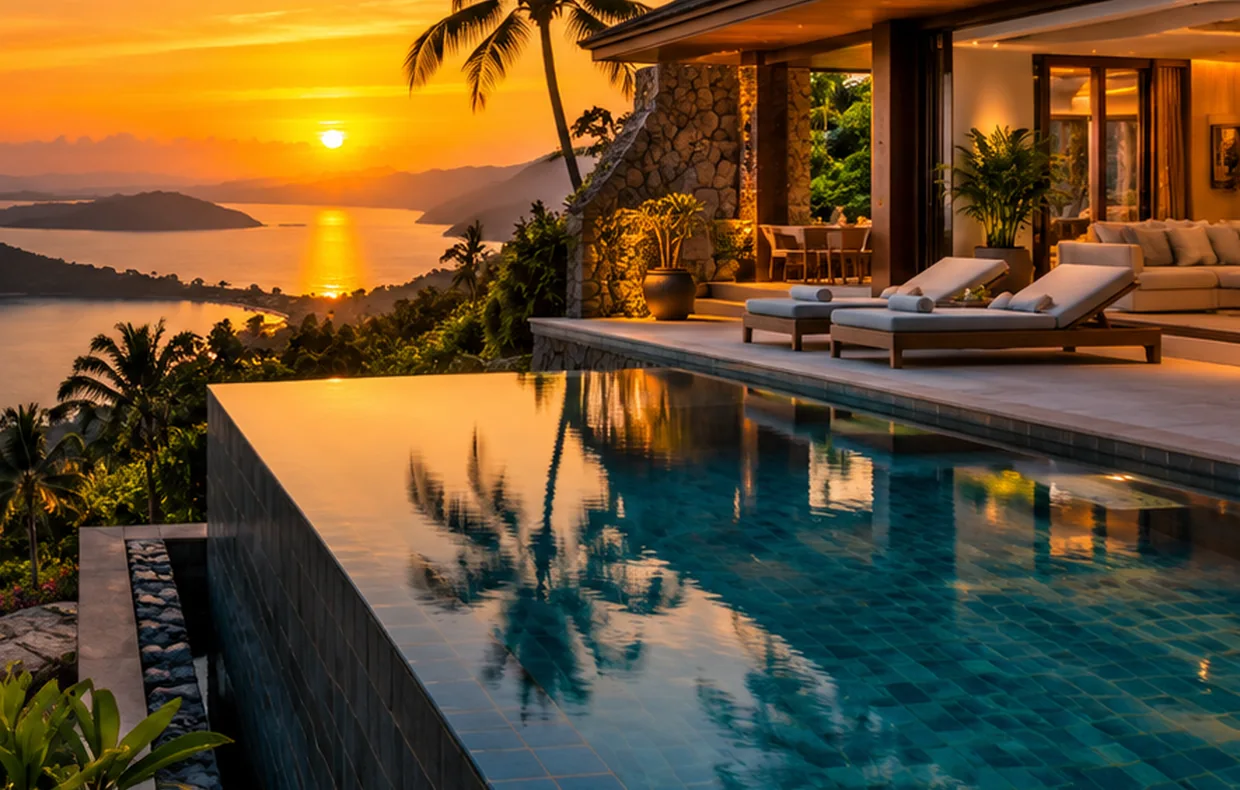 Scenic tropical hillside villa at sunset