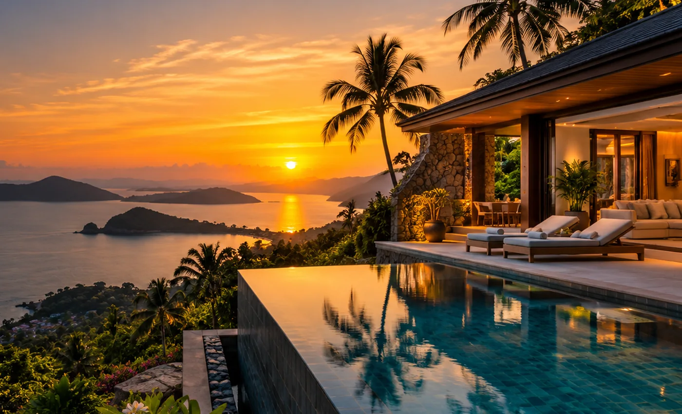Warm sunset overlooking an illustrative Thai coastal villa